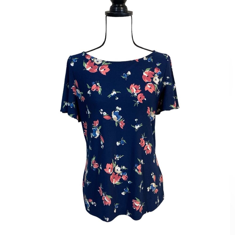 NWT Chaps Navy Floral Flutter Sleeve Top Size LP